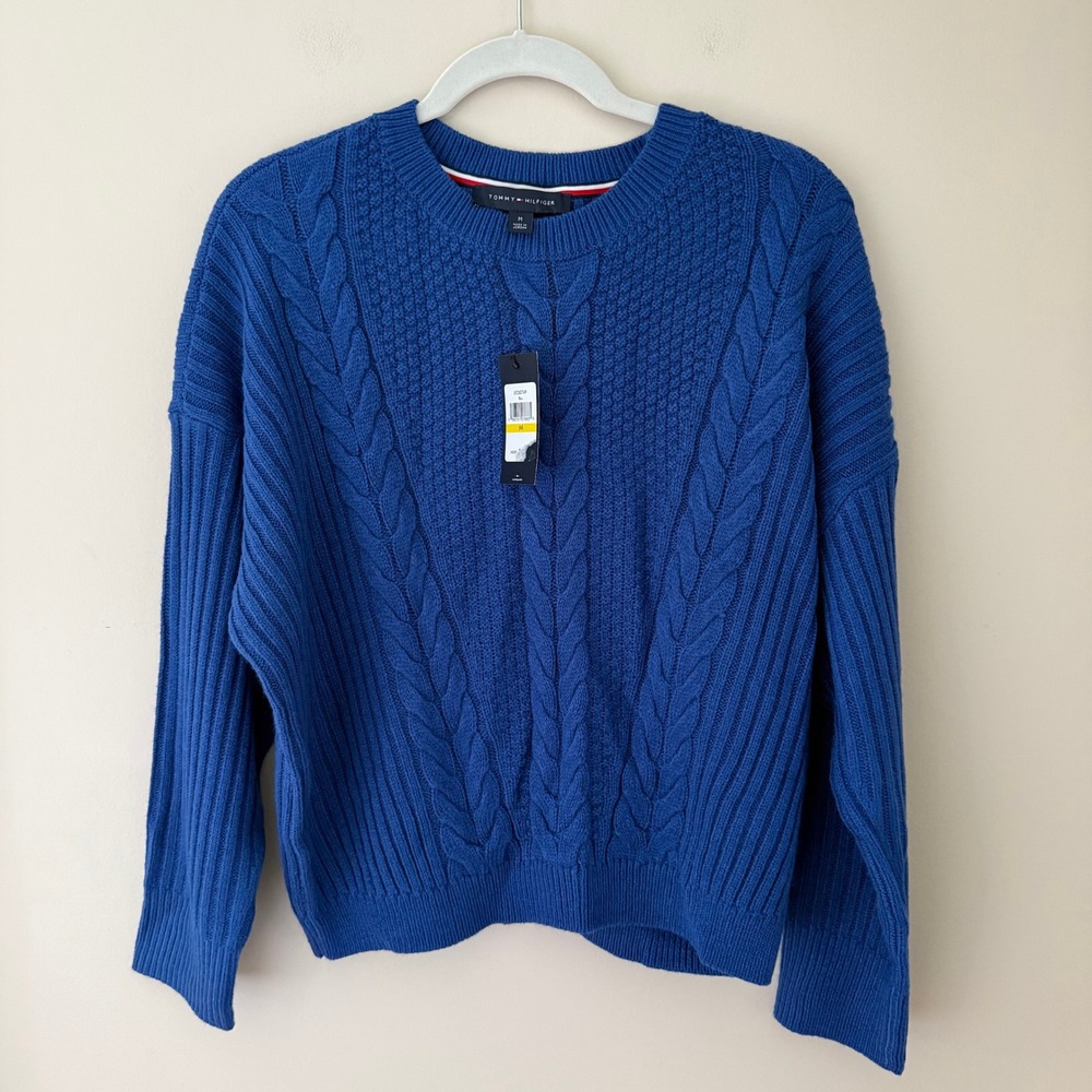 Tommy Hilfiger Blue Cable Knit Popcorn Ribbed Crewneck Sweater J5250749 M